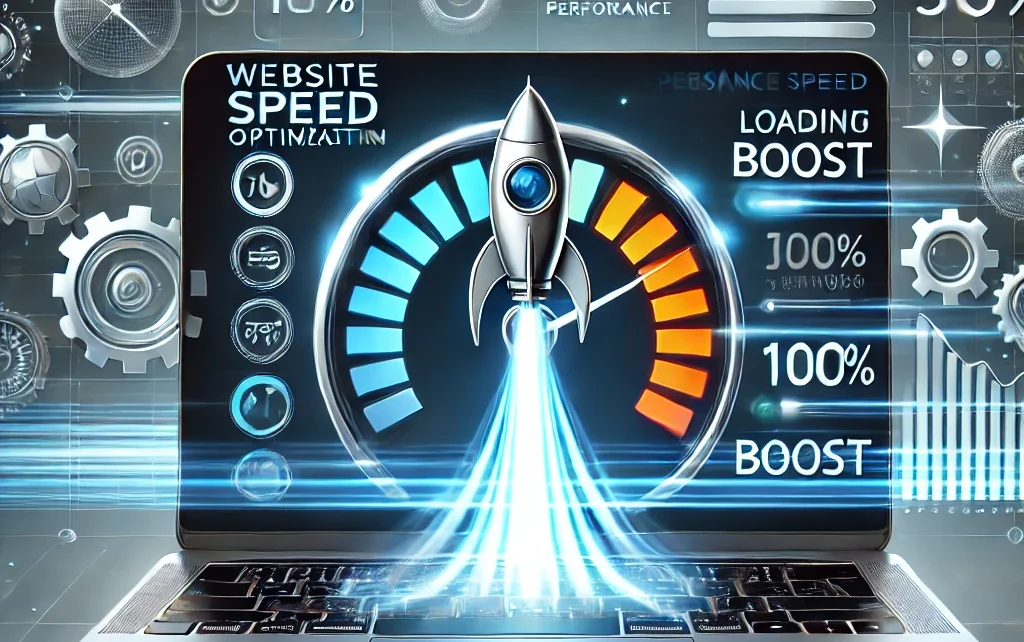 Laptop screen displaying a fast-loading bar with optimization icons like a rocket, gears, and a speedometer, symbolizing website speed improvement.